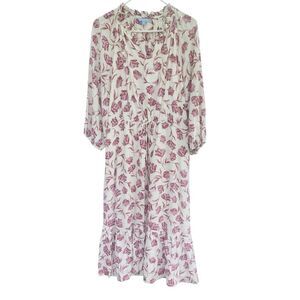 Draper James RSVP Floral Midi Dress Size L White Pink Ruffle Hem Boho Feminine R